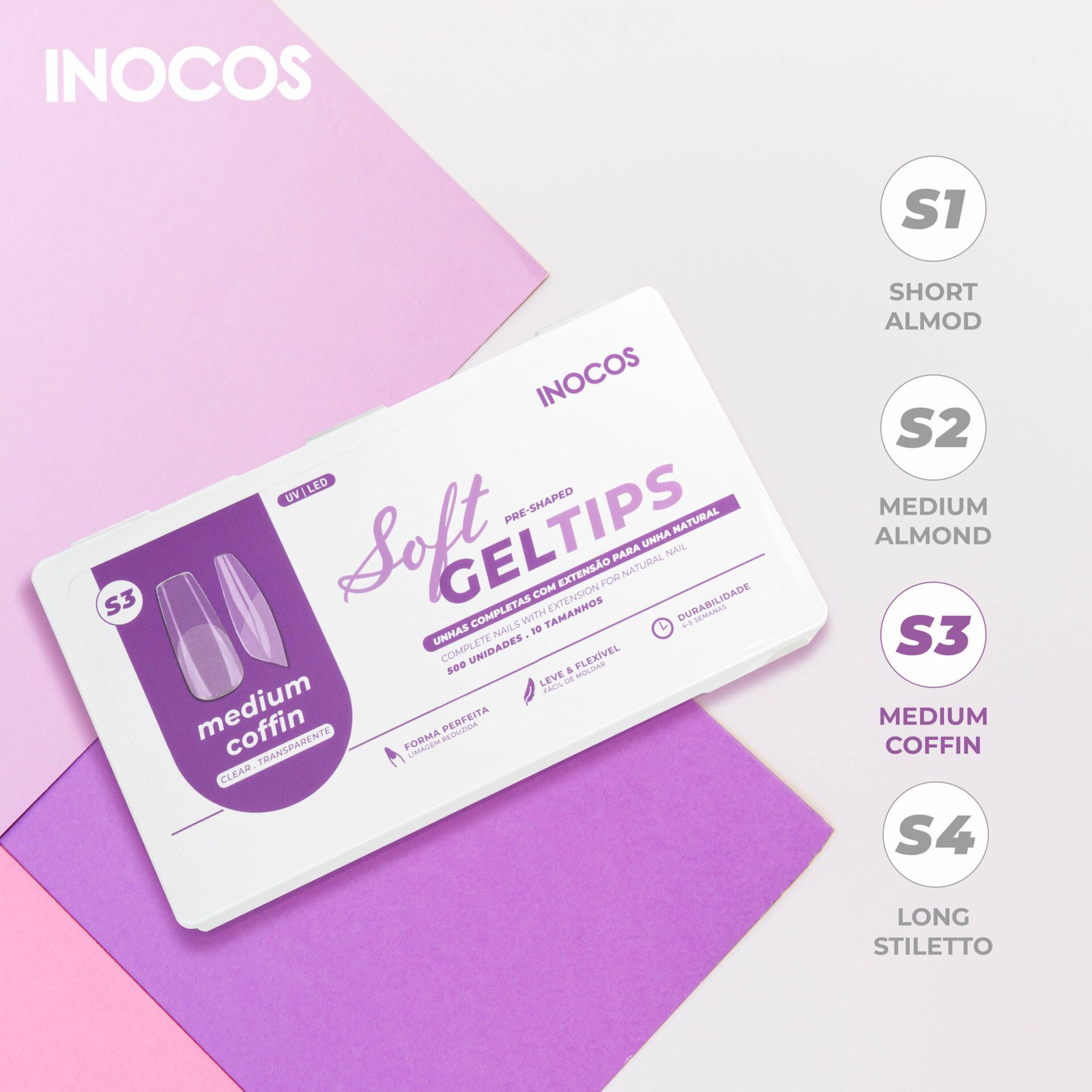 Soft Gel Tips Medium Coffin (S3) - 500Un - Inocos